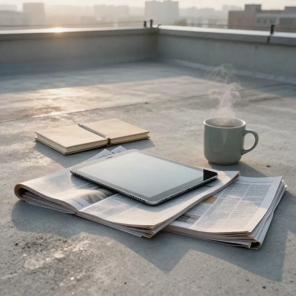 Rainy rooftop editorial scene with tablet, proofs, notebook and mug at dawn.