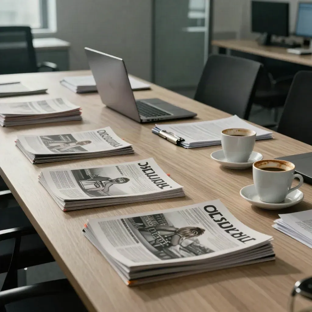 Newsroom planning table with newspapers, laptop, and coffee cups at dawn.