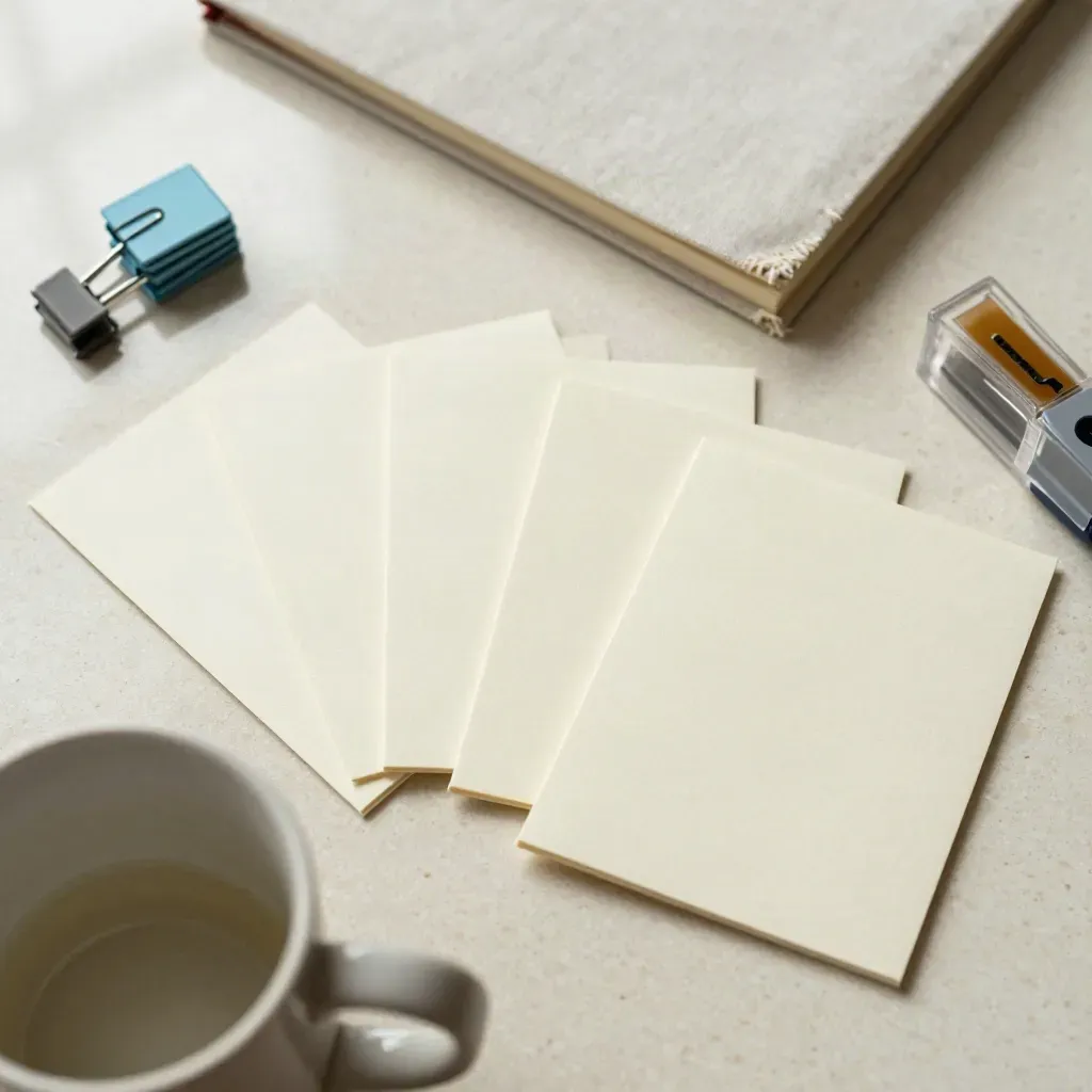 Top-down planning spread with note cards, mug, clips, notebook on travertine.