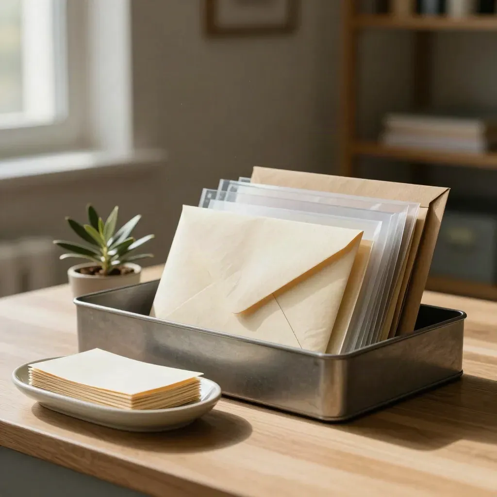Sorting tray with sealed envelopes, cover packet, ceramic dish and plant in soft morning office light.