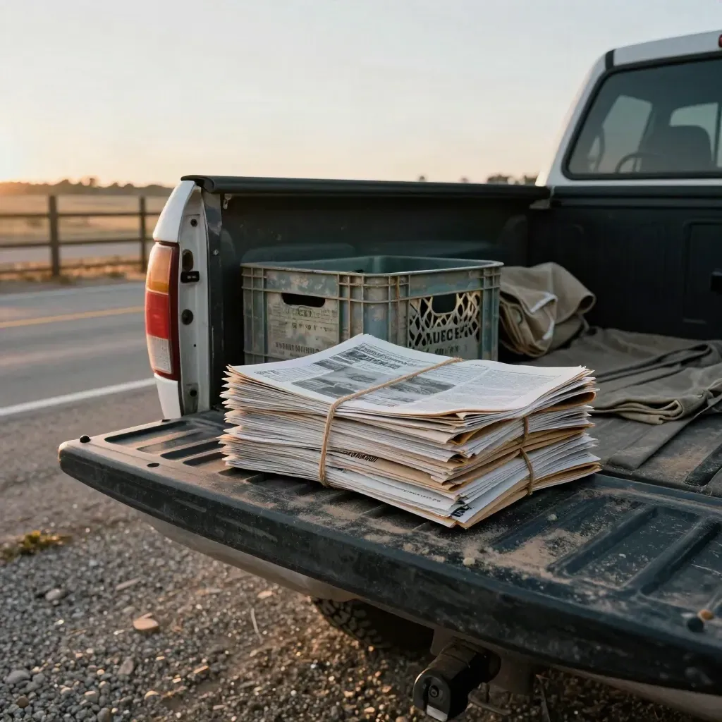 Pickup tailgate with bundled local papers on a dusty Texas roadside at sunrise.