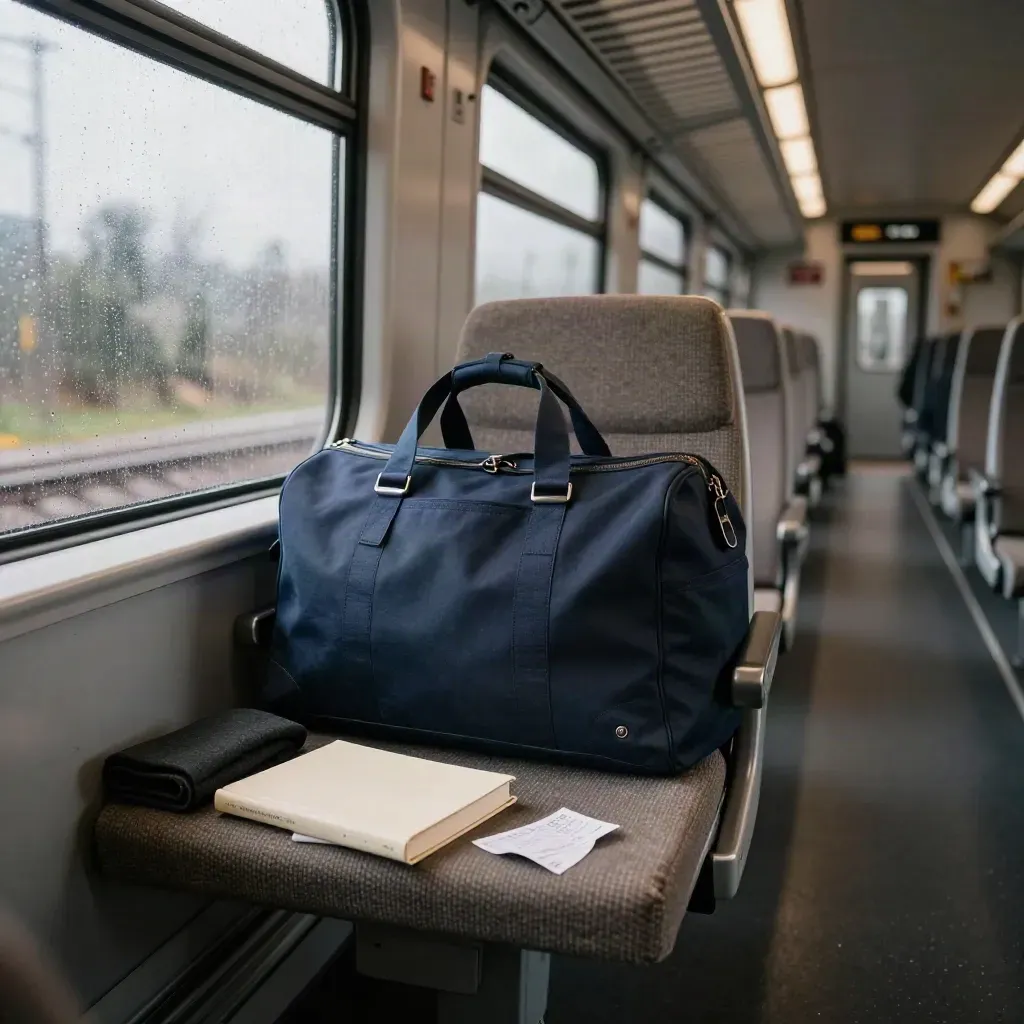 Rainy train seat with duffel, jacket, guidebook, and ticket by the window.