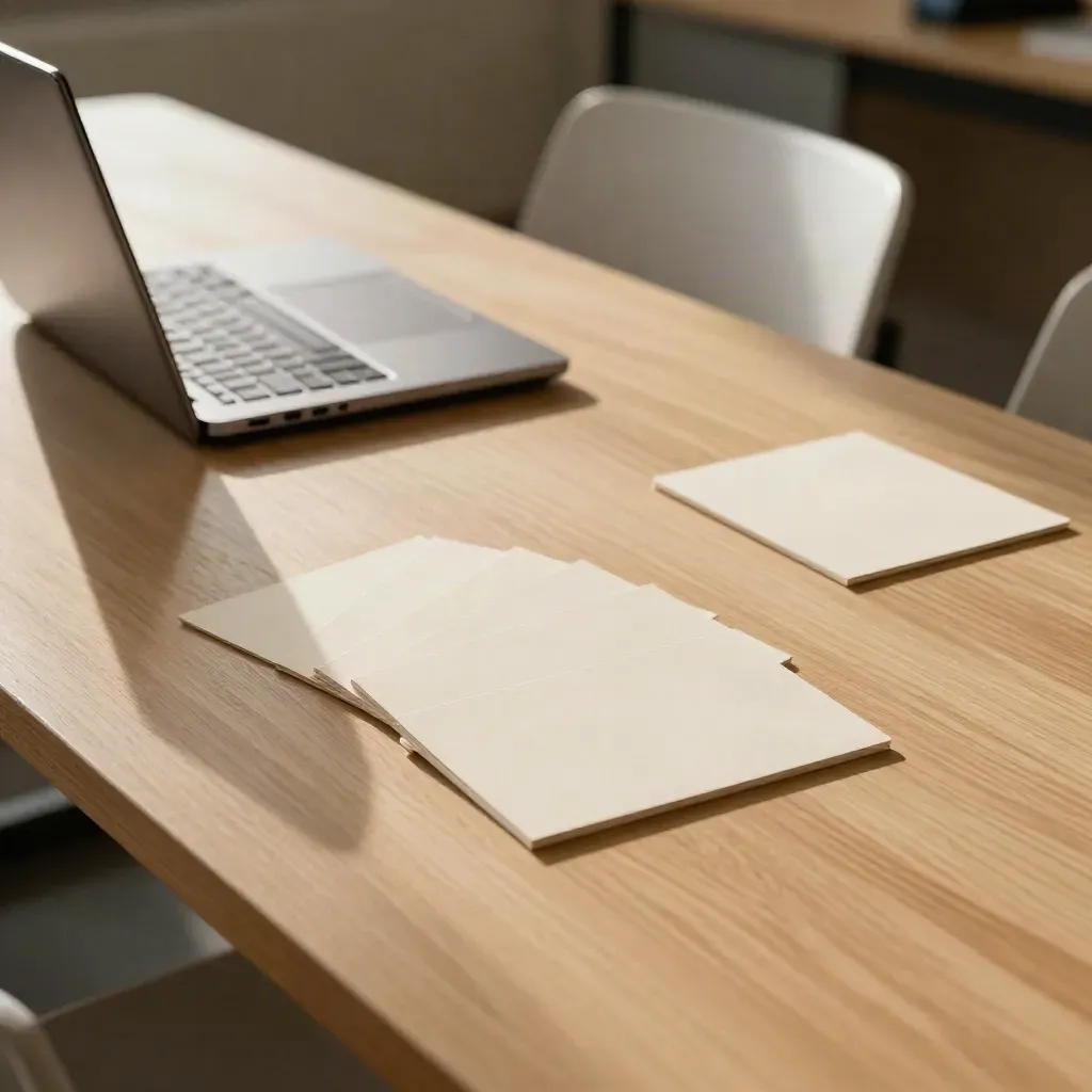 Empty pitch clinic table with cards, closed laptop, and pulled-back chair in soft morning light.