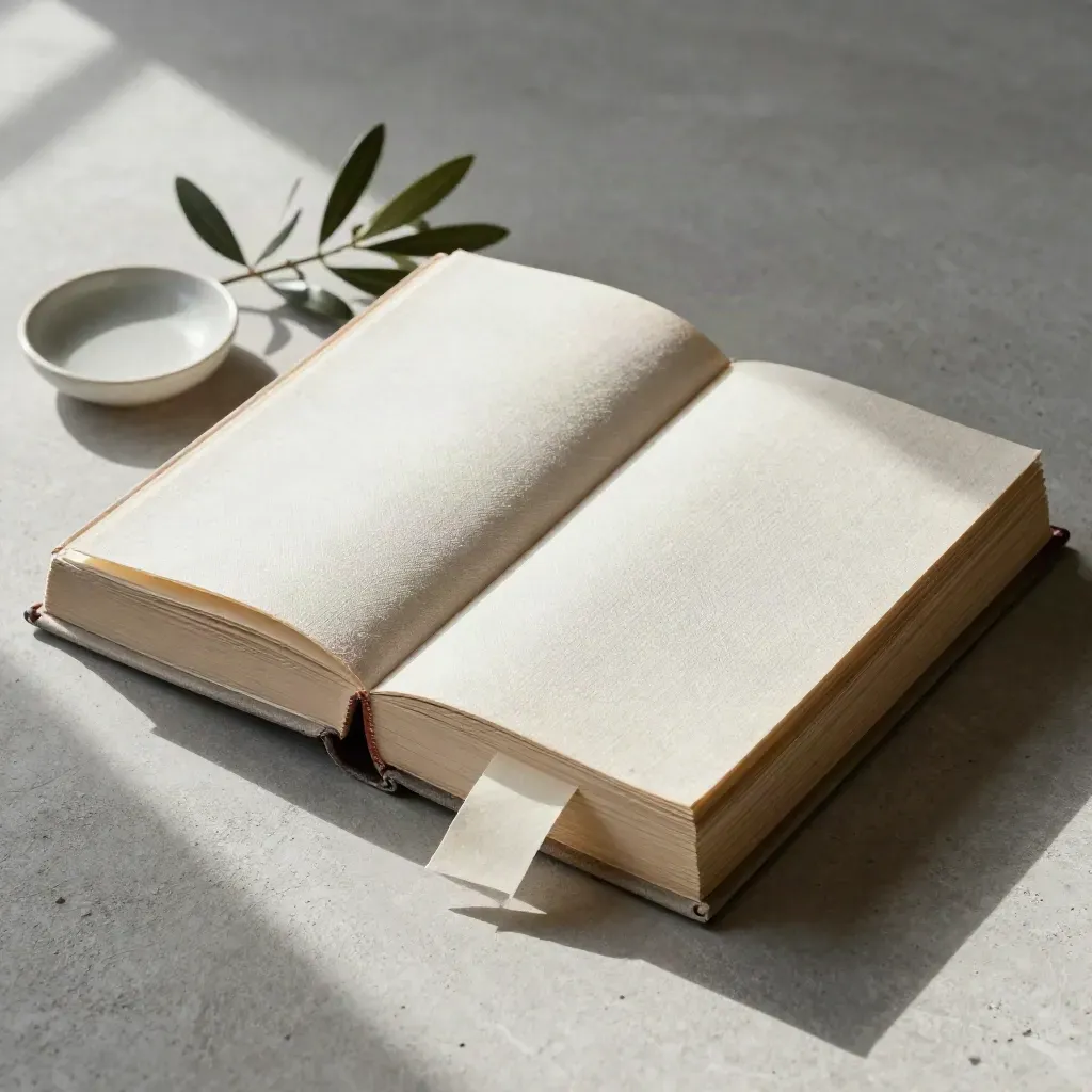 Half-open essay book with linen bookmark, olive branch, and ceramic dish on pale stone.