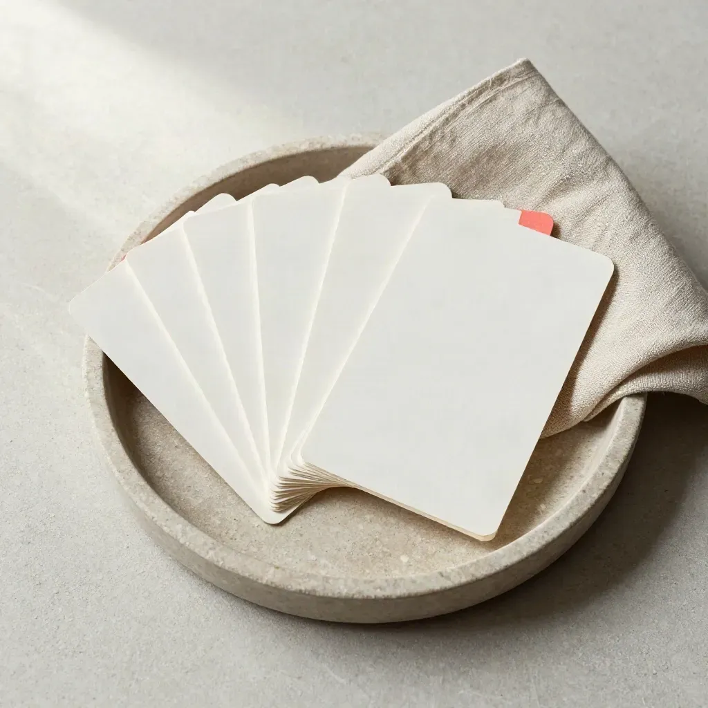 Seven tabbed cards fanned on a stone tray beside folded linen, overhead still life