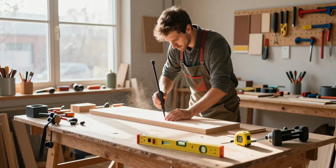 Craftsman using a chop saw table saw combo in a well-lit workshop, surrounded by tools and wood.